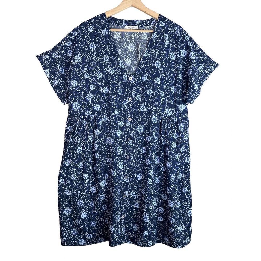 Madewell Women's Blue Floral V Neck‎ Pleat Button Front Dress XL NWT